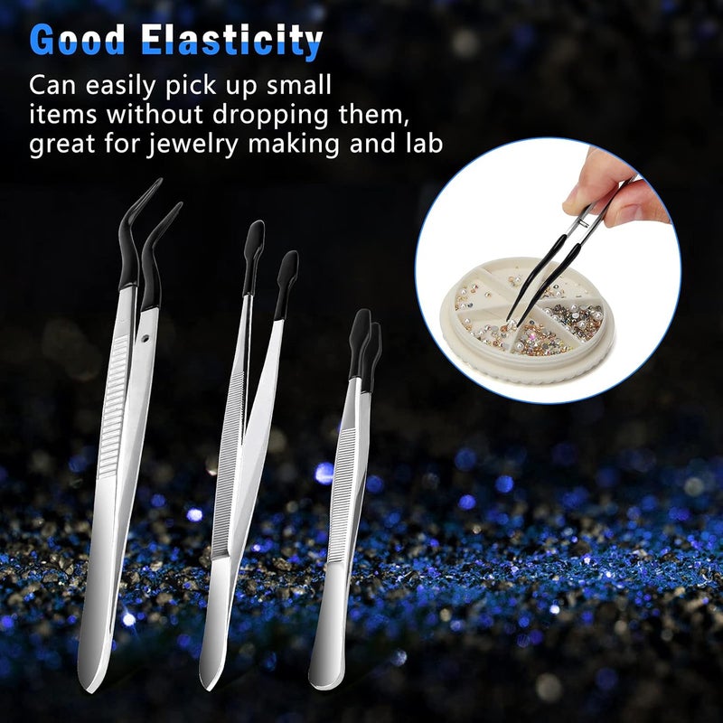 Anglekai 3PCS Tip Tweezers, Silicone Rubber Flat Tipped Tweezers Bent Tip for Jewelry Coin Stamp (Black) - Image 4